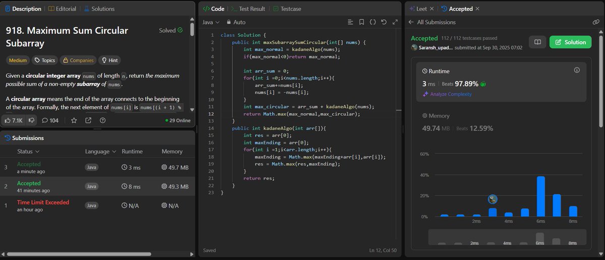 SaranshUpadhy20's tweet photo. 🚀 Today I solved the Maximum Circular Subarray Sum problem in Java!
Implemented Kadane’s algorithm for the normal case and extended it for the circular case (total - minSubarray).
#BuildingMyCodingLogic #Java #DSA #LeetCode https://t.co/gyQB05WQx8