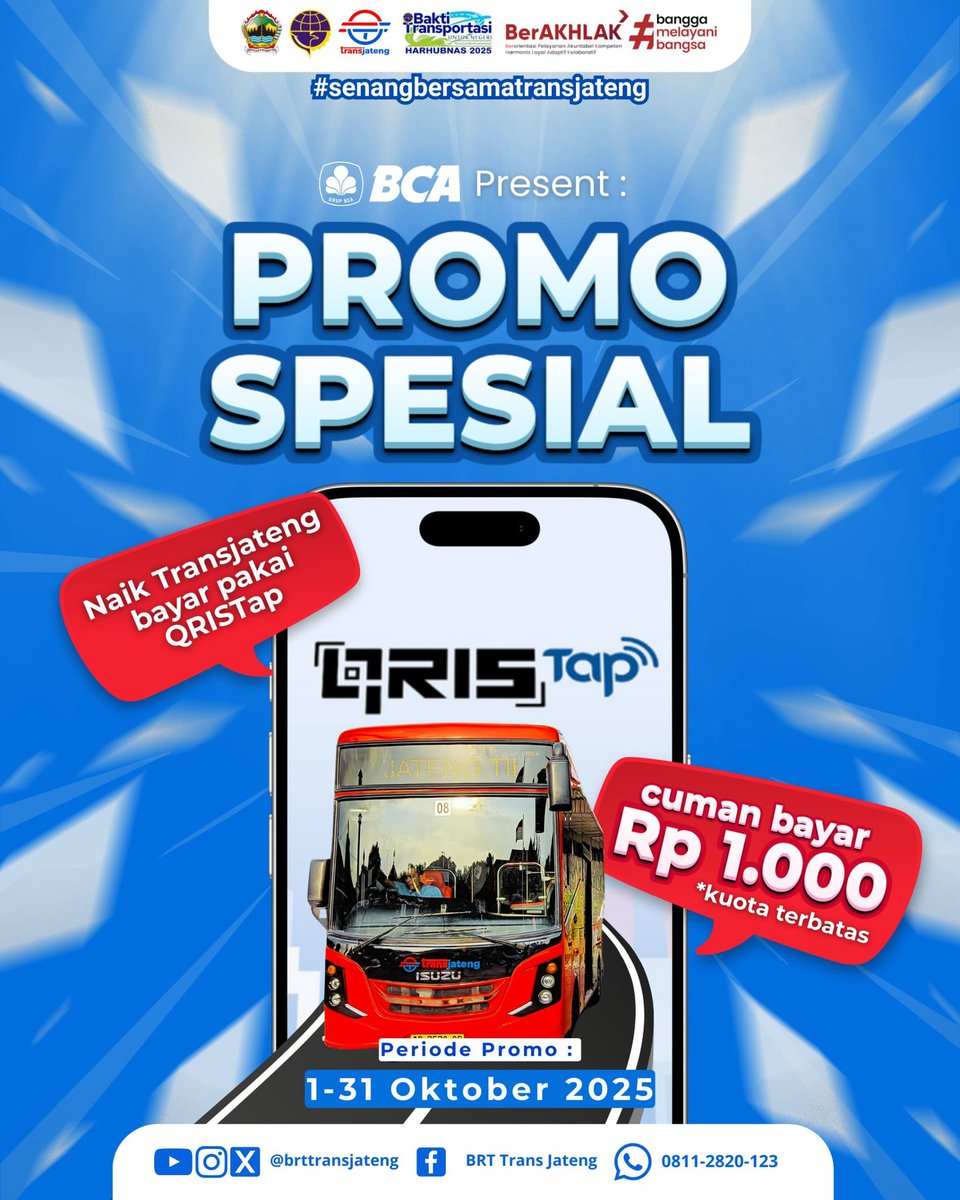 BCA kasih promo spesial buat kamu! Naik Trans Jateng cukup Rp 1.000 aja pakai QRIS Tap 
📅 1-31 Oktober 2025 
🟡 Kuota terbatas
Cobain sekarang,jangan sampai kelewatan! #SenangBersamaTransJateng 
<a href="/kominfo_jtg/">Kominfo Jateng</a>
<a href="/perhubunganjtg/">Perhubungan Jateng</a>