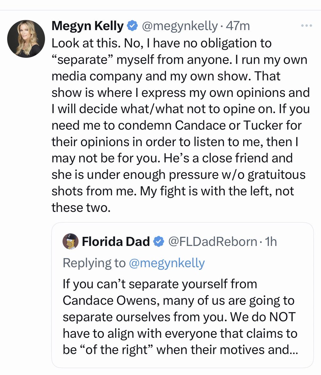 HanShawnity's tweet photo. Megyn Kelly has officially joined the dark side.

I am done with her.

If she wants to join the ranks of the schizophrenic jihadicons, have at it, but I want no part of that.

You need to understand who the real enemy is. She doesn't. Or she does but wants to grift off of them. Either way, I'm out.
