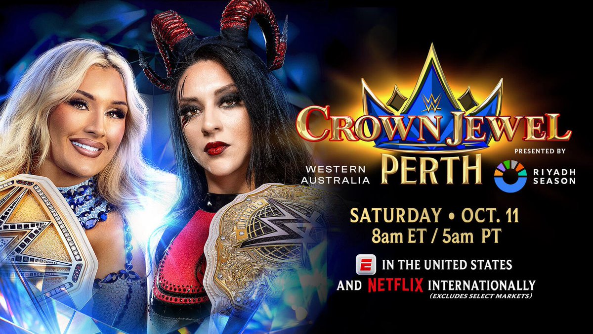 WrestleOps's tweet image. Officially updated card for ‘CROWN JEWEL’ 2025:

• John Cena vs. AJ Styles
• Cody Rhodes vs. Seth Rollins (Crown Jewel Title)
• Tiffany Stratton vs. Stephanie Vaquer (Crown Jewel Title)
• Rhea Ripley and IYO SKY vs. Asuka and Kairi Sane