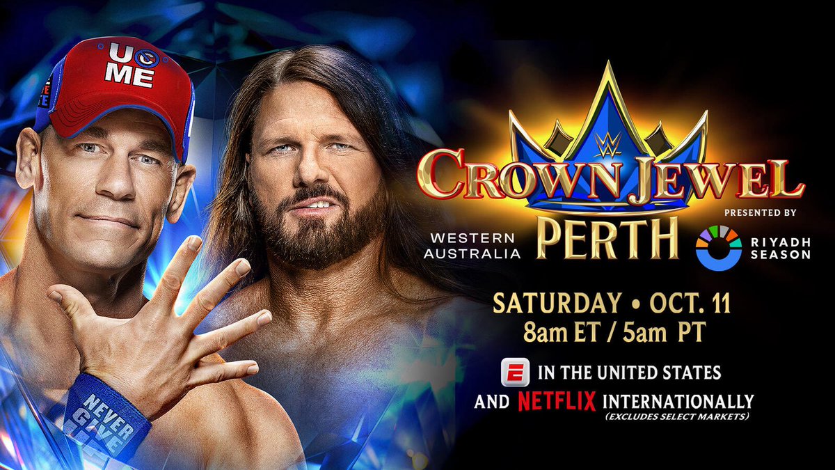 WrestleOps's tweet image. Officially updated card for ‘CROWN JEWEL’ 2025:

• John Cena vs. AJ Styles
• Cody Rhodes vs. Seth Rollins (Crown Jewel Title)
• Tiffany Stratton vs. Stephanie Vaquer (Crown Jewel Title)
• Rhea Ripley and IYO SKY vs. Asuka and Kairi Sane