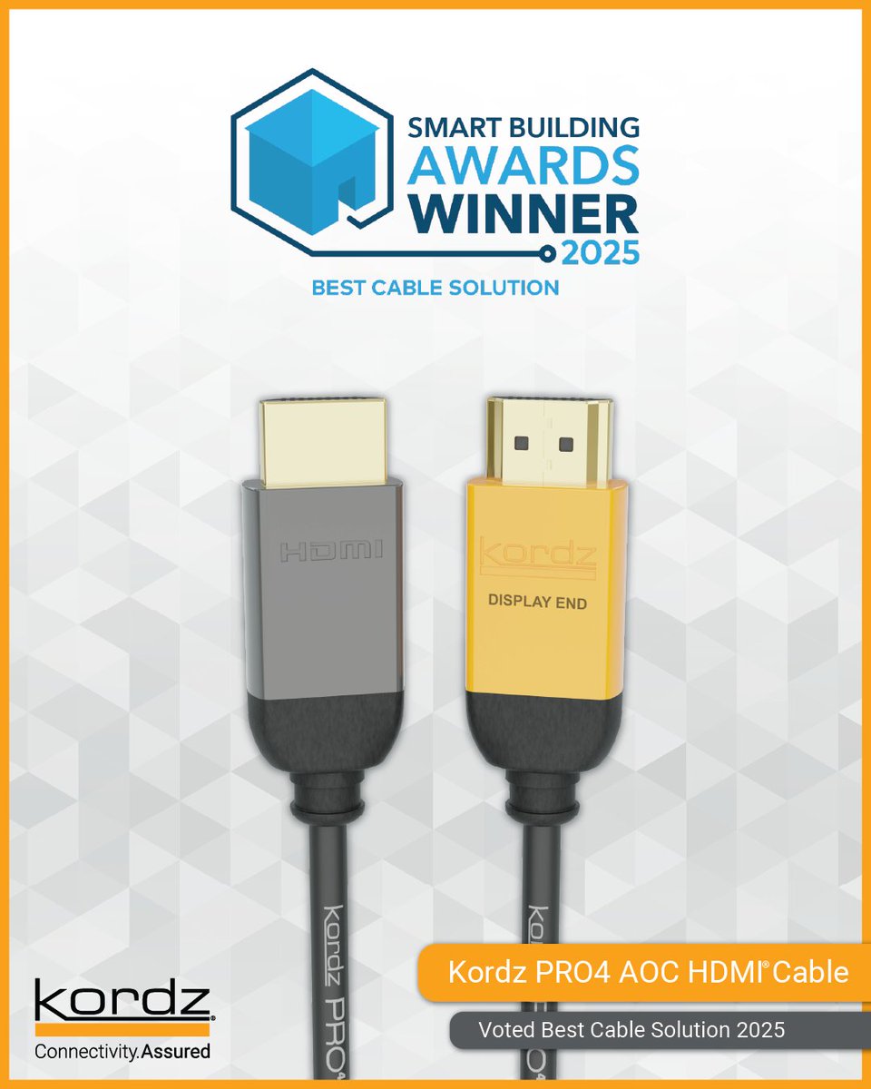 KordzAustralia's tweet image. We’re honored to share that the Kordz PRO4 48Gbps Active Optical HDMI Cable has won Best Cable Solution for the Smart Building Awards 2025, presented by Essential Install Magazine during the EI Live! Show. Discover here: bit.ly/42jO1n0 #KordzAu #PRO4 #48Gbps #AOC #HDMI