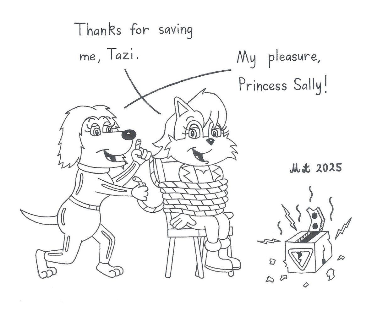 Matthew07463002's tweet photo. Art trade for 3Bluemoon

Agent Tazi comes to Princess Sally's rescue from Professor Cottenpuff.
#AgentTazi #PrincessSally #SonicTheHedgehog #fanart #rescue #tiedup #chair https://t.co/NqsWWr2AUt