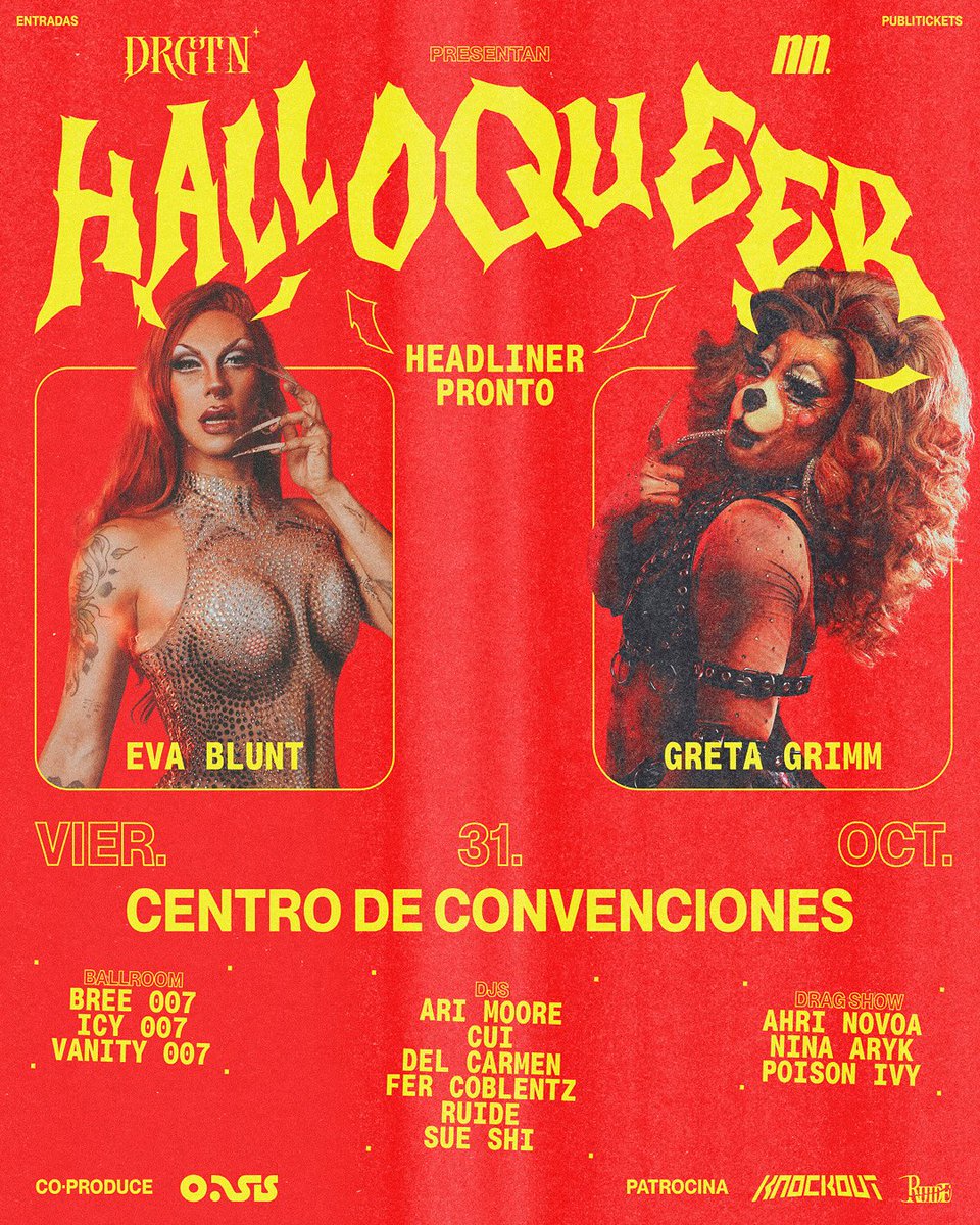 Este viernes 31 de Octubre, Akriila, Greta Grimm y Eva blunt se unen a un gran line up en el Halloqueer Stage del Halloween Fest de NN+Dragueton, Electric Animals, F3sta, Jangueo y Senses.