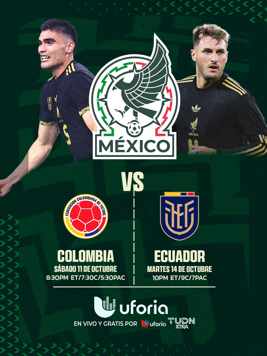 TudnRadio's tweet photo. #RumboAlSorteo26 la Selección Mexicana vuelve a la acción ante dos duros sinodales 🇲🇽⚽

🆚 Colombia - Sábado 11 de octubre 🔥
🆚 Ecuador - Martes 14 de octubre 🔥

Descarga #UFORIA por #TUDNXtra📱 https://t.co/Loruo8ZNPR🇺🇸📲 https://t.co/3Qu0ZK33jS