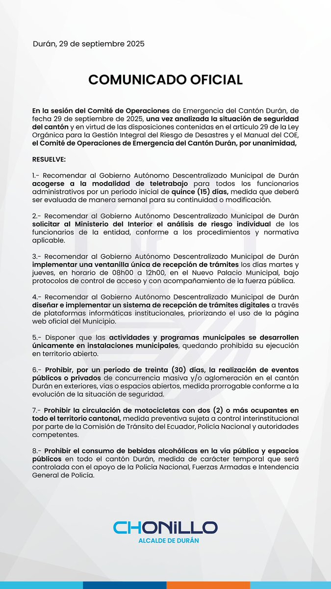 Luis Chonillo (@chonilloec) on Twitter photo Acabamos de concluir la sesión del COE Cantonal de Durán, en la que se resolvió lo siguiente: Acabamos de concluir la sesión del COE Cantonal de Durán, en la que se resolvió lo siguiente: