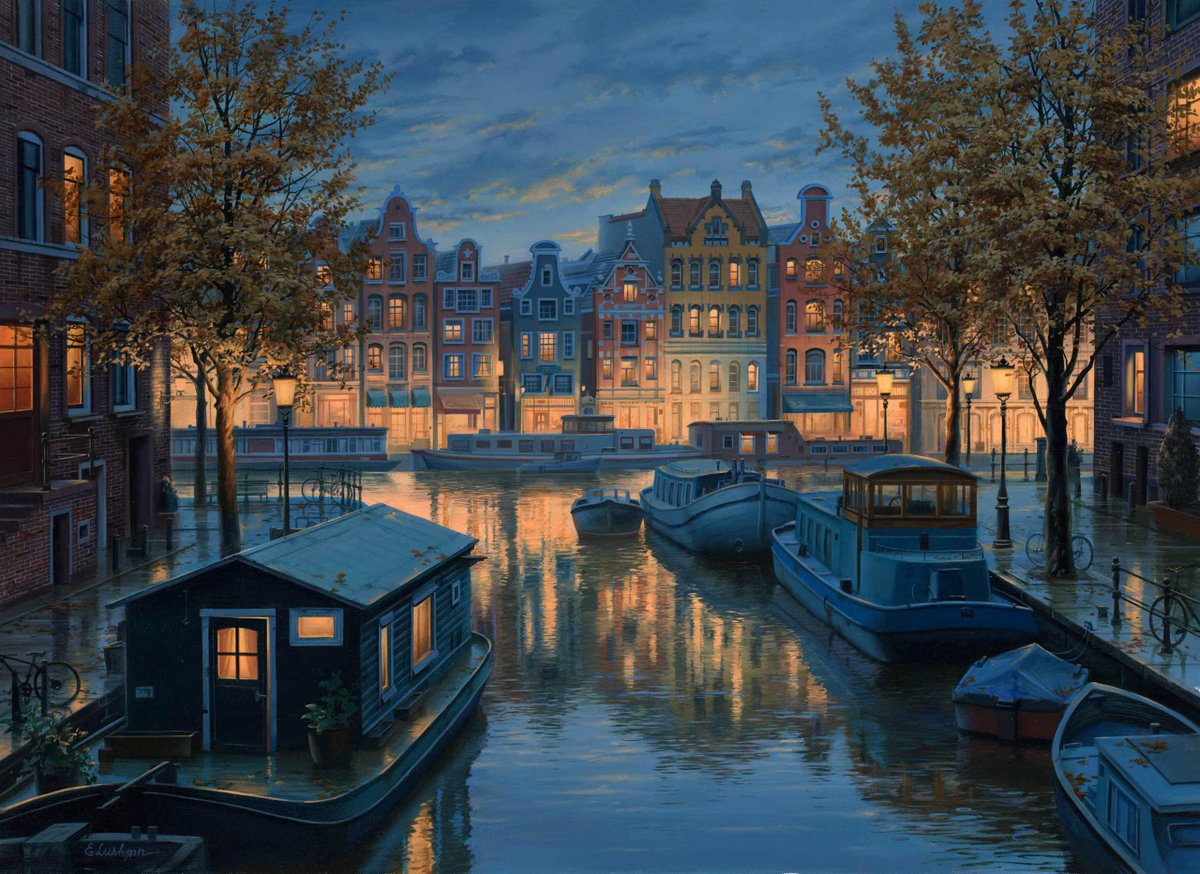 Valent6228's tweet photo. Autumn Night (2022) - Evgeny Lushpin (b.1966) #hypperrealism #cityscape https://t.co/4eDD55PLuC