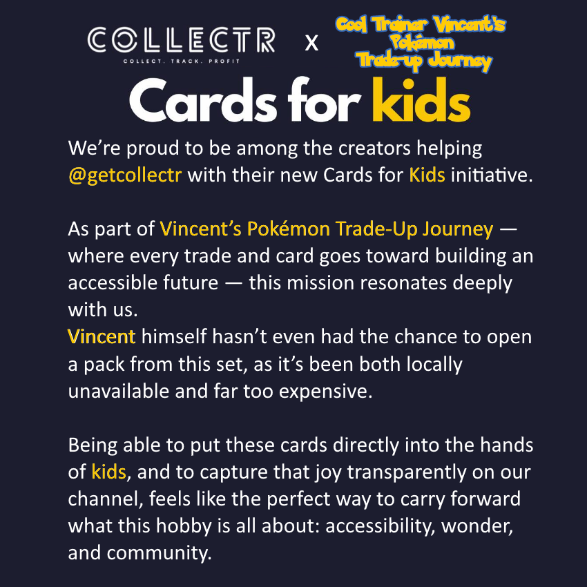 CoolTrnrVincent's tweet photo. Grateful to be part of @getcollectrapp's #CardsForKids initative! ๐
For Vincent, whoโs never opened this set, it means the world to help make Pokรฉmon accessible + joyful for more kids. ๐
#TradeUpForVincent https://t.co/WyGC0Fa0mb
