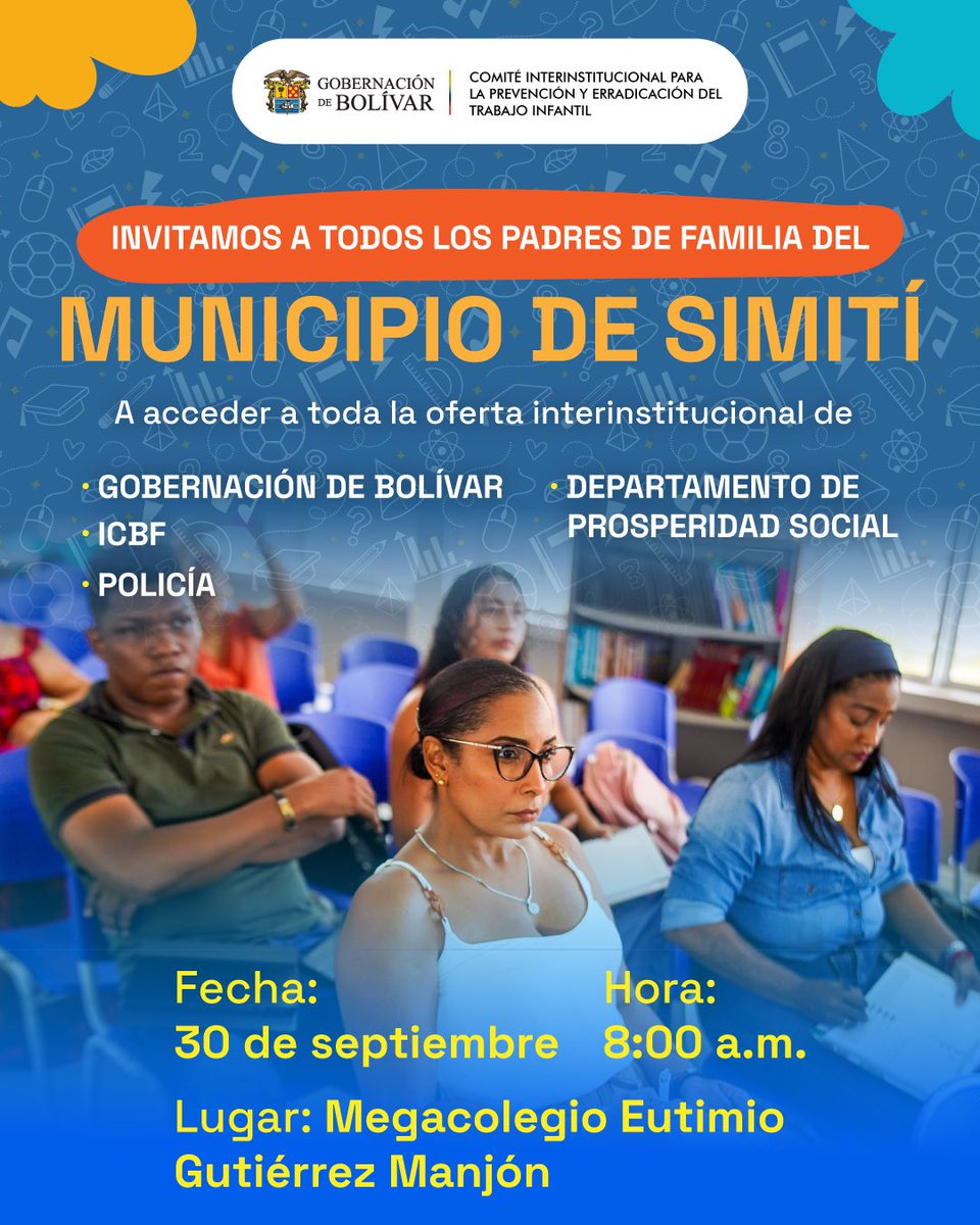 Secretaría de Educación (@sedbolivar) on Twitter photo 👨👩👧👦 ¡Padres de familia de Simití!
La <a href="/GobDeBolivar/">Gobernación de Bolívar</a>, <a href="/PoliciaColombia/">Policía de Colombia</a>, <a href="/ProsperidadCol/">Prosperidad Social</a>, <a href="/ICBFColombia/">Bienestar Familiar | ICBF</a> y aliados interinstitucionales, llegan al municipio con una gran oferta de programas y servicios pensados para el bienestar de nuestras niñas, niños y adolescentes
📍 Los esperamos 👨👩👧👦 ¡Padres de familia de Simití!
La <a href="/GobDeBolivar/">Gobernación de Bolívar</a>, <a href="/PoliciaColombia/">Policía de Colombia</a>, <a href="/ProsperidadCol/">Prosperidad Social</a>, <a href="/ICBFColombia/">Bienestar Familiar | ICBF</a> y aliados interinstitucionales, llegan al municipio con una gran oferta de programas y servicios pensados para el bienestar de nuestras niñas, niños y adolescentes
📍 Los esperamos