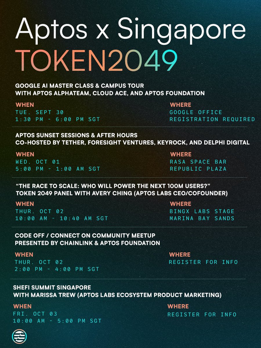 TOKEN2049 Singapore—all Aptos, all week long. 🔖 Bookmark this thread and  be there when crypto culture + innovation collide. From stablecoins to  scalability, level up with Aptos and friends.