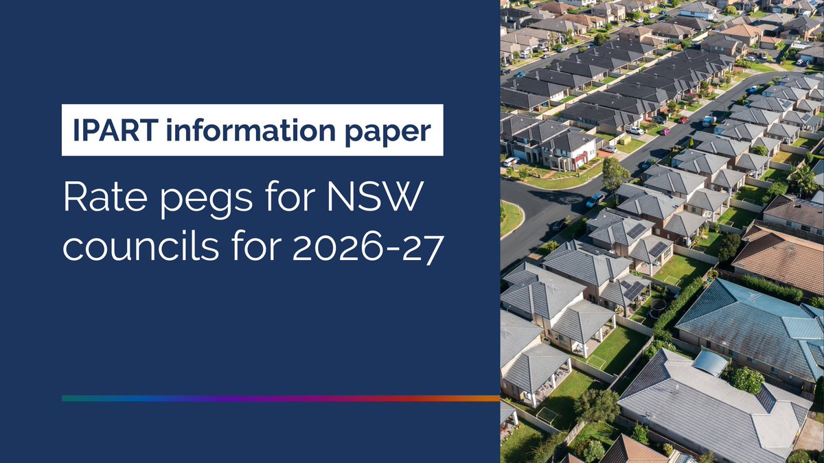 IPARTNSW's tweet image. We’ve set the core rate peg 2026-27 between 2.5% and 4.2% and the total rate peg range is between 2.7 and 5.7%.

Read more in our information paper: ipart.nsw.gov.au/Home/Industrie…

#RatePeg #LocalGovernment #IPART