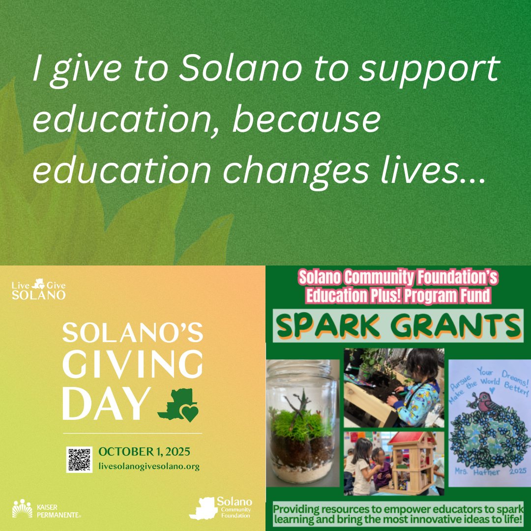 Calling All Solano County Educators! 📢 Don't Miss the Spark Grants Deadline!

APPLY NOW! The application window closes on October 22, 2025: forms.gle/e2ZfyfN8k1ZVNt…

👉 PLUS: Help Us Fund Even More Teacher Grants!

SHARE THIS LINK! livesolanogivesolano.org/organization/E…

#LiveSolanoGiveSolano