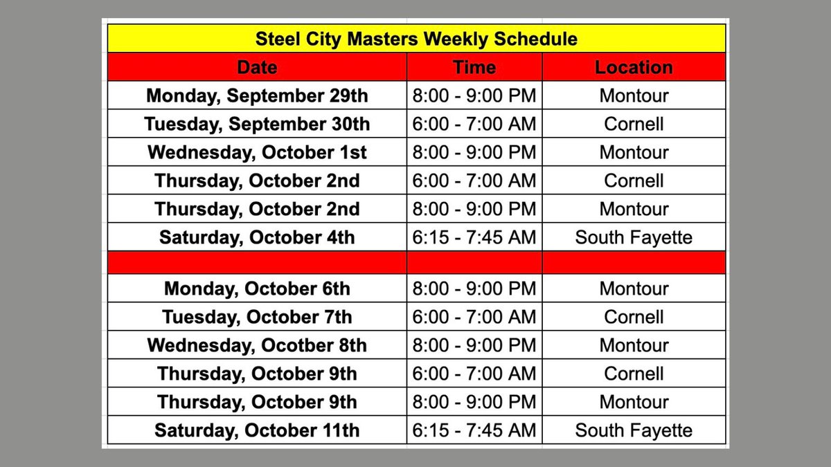 <a href="/STEELaquatics/">Steel City Aquatics</a> Masters Schedule. Stop by and Drop In! 

gomotionapp.com/team/steel/pag…

<a href="/MastersSwimming/">Masters Swimming</a> 

#STEELgrit
#STEELpassion