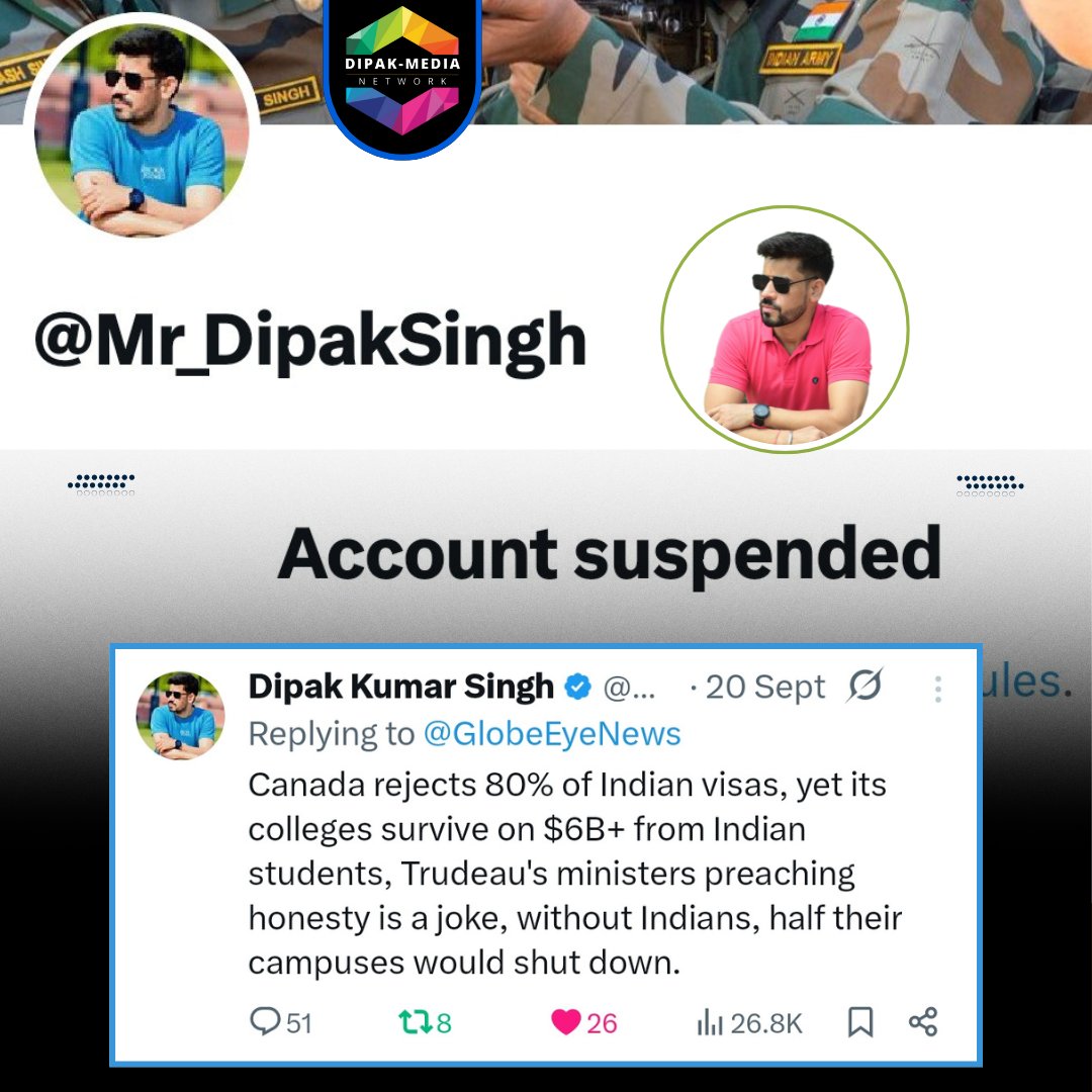 DiFactoGlobal's tweet image. This is not justice, it&apos;s digital persecution. @Mr_DipakSingh has been silenced by coordinated brigades who fear his independent stand on global issues.

@X @XCorpIndia @grok,  the world is watching. Restore him NOW.
#RestoreMr_DipakSingh
#Mr_DipakSingh