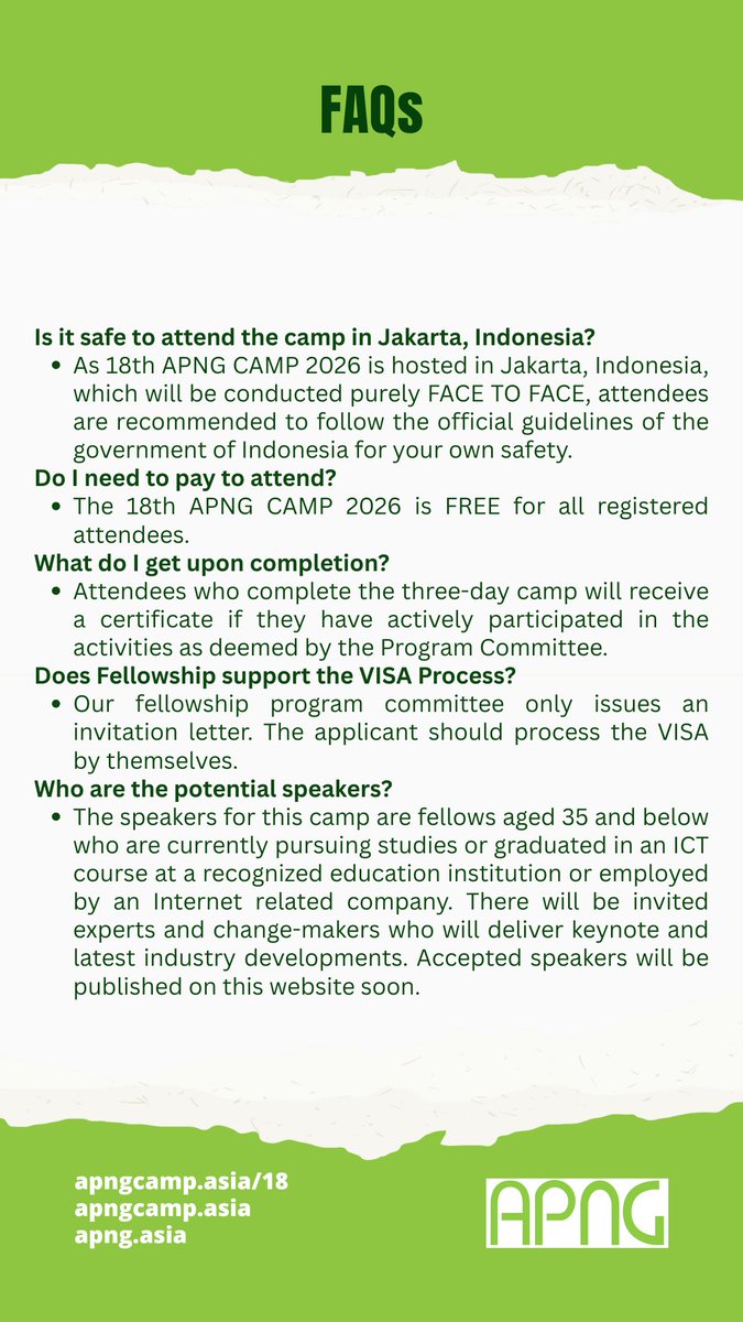 🚨 Deadline Alert! 🚨

Applications for the 18th APNG Camp Fellowships &amp; Papers close TODAY!

📅 6–8 February 2026
📍Jakarta, Indonesia
⏰ Apply by 30 September 2025

apngcamp.asia/18/
apngcamp.asia
apng.asia

#APNGCamp18 #APNGFellowship #NextGen