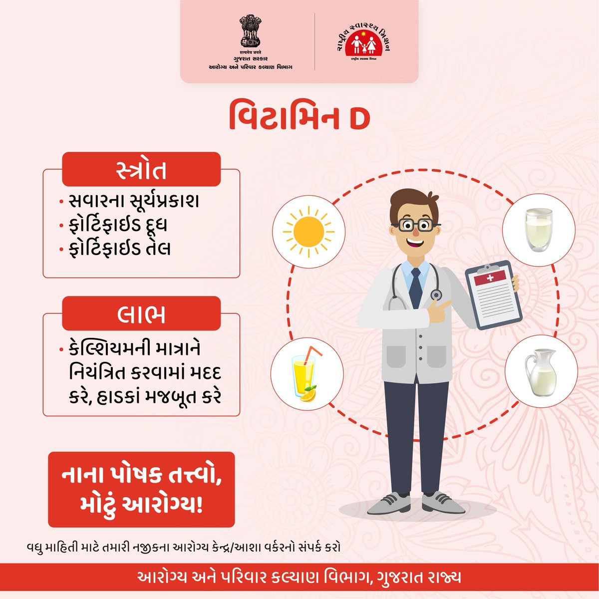 HealthDahod's tweet photo. વિટામીન Dની કમી હોવાની શરીરની ઘણી બધી ક્રિયાઓ પર આડઅસર થાય છે.જેમકે,
શરીરમાં કળતર થવું,સ્નાયુ-સાંધામાં દુખાવો.
હાડકા નબળા થઇ જવા.
બ્લડપ્રેશર,ડાયાબિટીસ જેવા રોગમાં અસંતુલન.
ઈમ્યુનીટી ઘટી જવી.
કામ કરવાના ઉત્સાહમાં કમી,આળસ,ડિપ્રેશન.
#spreadawareness
#Micronutrition
@CollectorDahod https://t.co/tXF25pXZgt