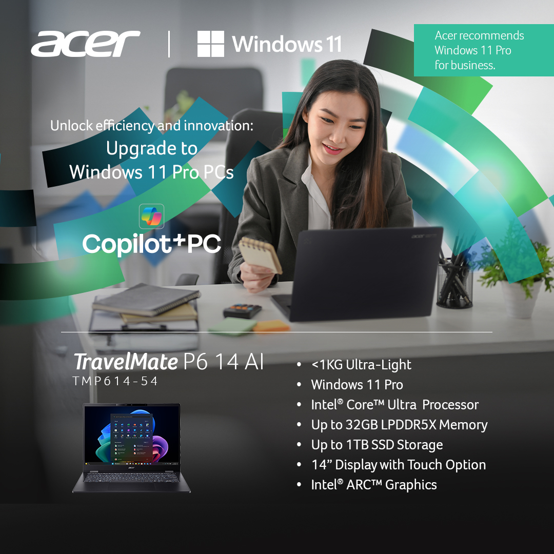 AcerPhils's tweet image. Leadership is not measured by hours at the desk; it is defined by impact. With #CopilotPCs-powered performance and enterprise-grade security, the #AcerTravelMate P6 14 AI gives executives the confidence to execute strategy without distraction. Powered by #Windows11Pro, it is…