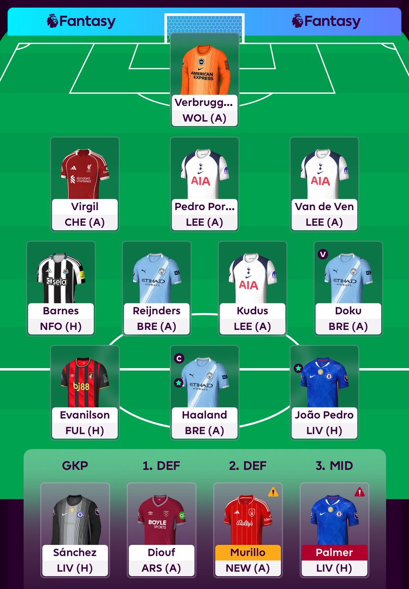 GW7 🚌 #FPL 

Up to the dizzy heights of 2.8m 🌍😍

Probably looking at a -4 this week. 

Palmer / Pedro &gt; United Mid / Gyök 

Unsure on when to WC/FH 🤷🏽‍♂️

How we all looking?