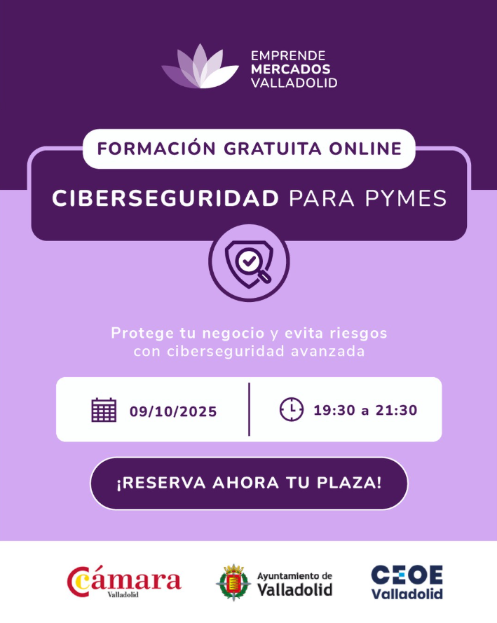 🚀 Formación gratuita online de Ciberseguridad para Pymes

Protege tu negocio y evita riesgos con ciberseguridad avanzada

Inscripciones: emprendemercadosvalladolid.es/formacion/#for…

<a href="/CEOEValladolid/">CEOE Valladolid</a> <a href="/AyuntamientoVLL/">Ayto. de Valladolid</a> 
#EmprendeMercadosValladolid #Valladolid #Ciberseguridad #Pymes #FormaciónGratuita