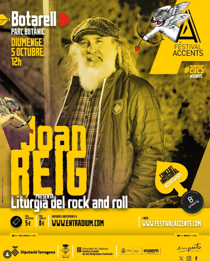 El diumenge 5 d’octubre, la gent del Festival Accents organitza, al Parc Botànic de Botarell, un concert de Joan Reig on l'artista de Constantí presenta la seva Litúrgia del rock and roll. 🎸

🎟️ Entrades anticipades a només 5€ a 👉 entradium.com

No us el perdeu!