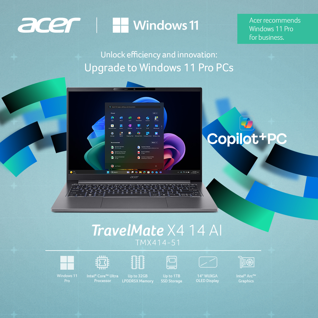 AcerPhils's tweet image. Leaders today must do more than react. They must anticipate, adapt, and decide with clarity. That takes more than intuition. It takes the right technology.

The Acer TravelMate X4 14 AI #Windows11Pro #CopilotPCs with Intel® Core™ Ultra delivers AI-driven workflows, enterprise…