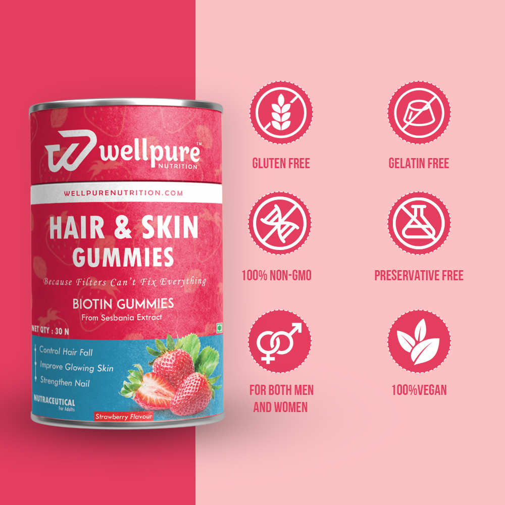 ✨ Because filters can’t fix everything… ✨

💖 Give your hair, skin &amp; nails the nutrition they truly deserve with Wellpure Hair &amp; Skin Gummies! 🍓
Formulated with Biotin from Sesbania Extract, these strawberry-flavored gummies help you:
✅ Control Hair Fall
✅ Improve Glowing