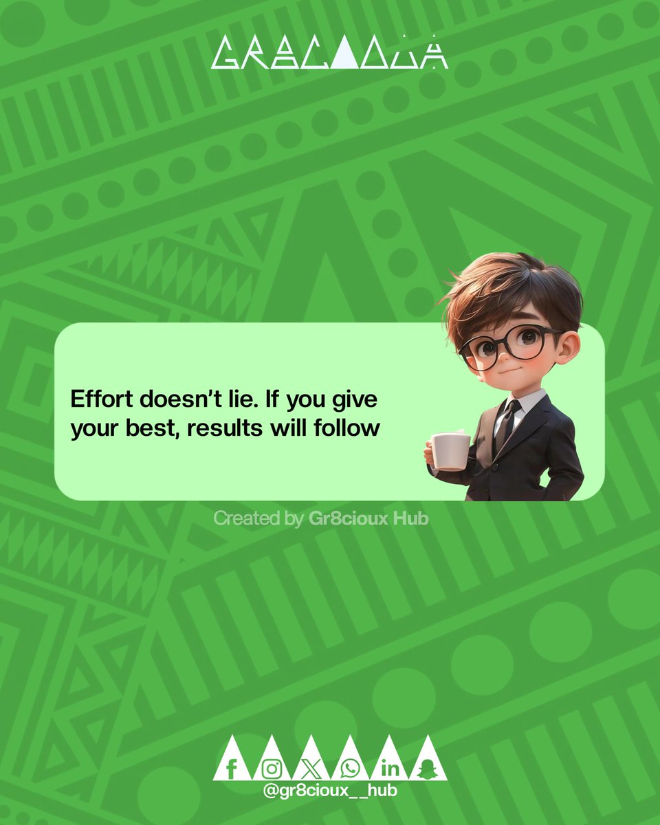 Gr8cioux__Hub's tweet image. When you put in the work, results follow. Maybe not instantly, but certainly. Let your effort today speak louder than your excuses tomorrow.
#EffortOverExcuses #ShowUpAndShine #SetUpForSuccess #DailyInspiration #GraciousDave #Gr8ciouxHub
#Gr8ciouxHubToTheWorldForever #InspoByGTC