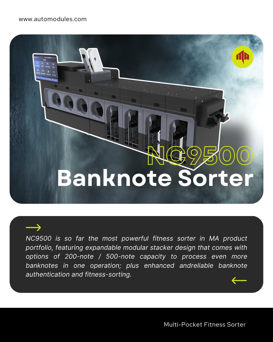 MAutomodules's tweet image. NC9500 — the most powerful #BanknoteSorter in our
portfolio.

With its modular stacker design (200-note / 500-note
capacity), it handles even more banknotes in one go,
all with enhanced authentication, reliable fitness
sorting, and advanced counterfeit detection. 🌍