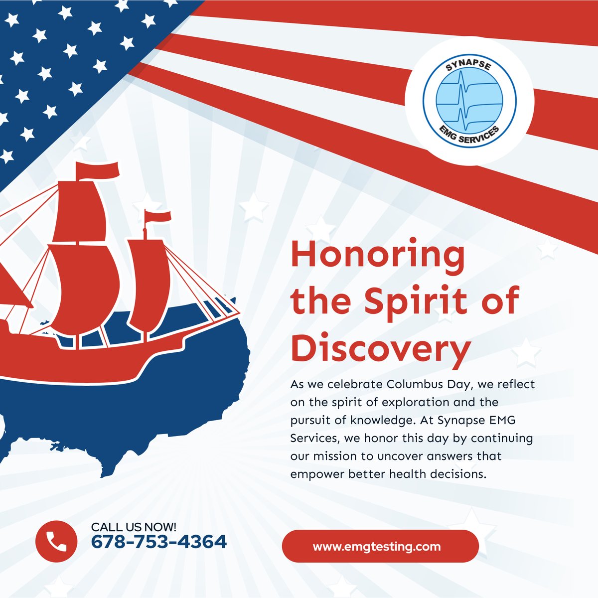 synapseemgsrvcs's tweet image. Happy Columbus Day! 🌍 Today, we honor the journey of discovery—both historical and personal. Whether navigating uncharted waters or seeking clarity in your health, may we all continue to explore with purpose.

#ColumbusDay #EMGTesting #SnellvilleGA #Discovery #HealthInsights