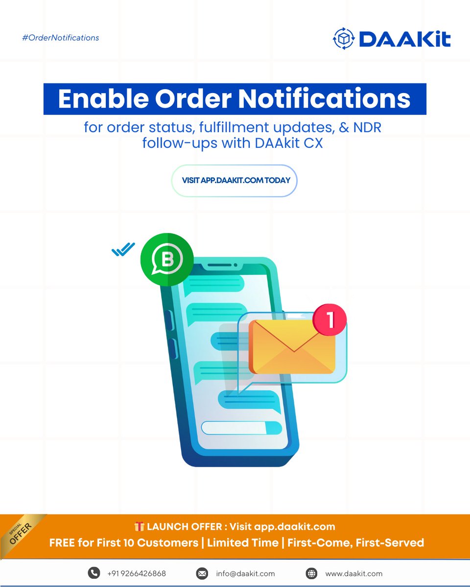 daakit's tweet image. 🚀 Never leave customers guessing! Get smart order notifications with DAAkit CX - FREE for first 10 customers.

Ready to transform your customer experience? Visit today at daakit.com | Call: +91 9266426868
.
#OrderNotifications #CustomerExperience #FreeOffer