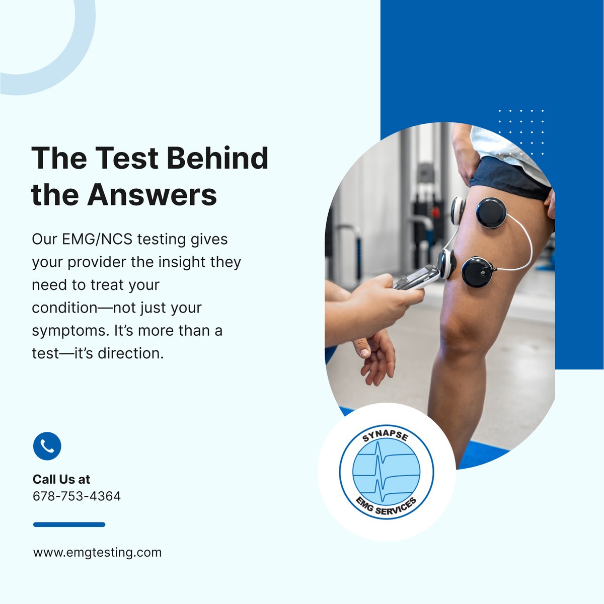synapseemgsrvcs's tweet image. You deserve more than temporary relief. We give your doctor the real data needed to treat your condition effectively 🧠 Call us today to book your test!

#EMGTesting #SnellvilleGA #NerveMapping #TreatmentSupport #RealDiagnosis