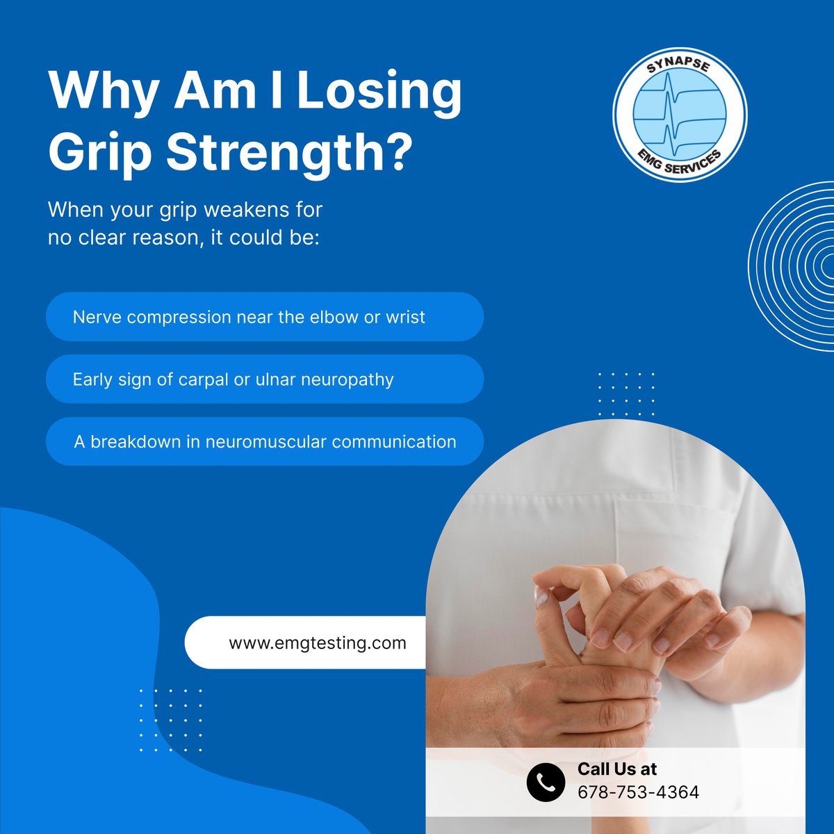synapseemgsrvcs's tweet image. Losing grip strength without injury? 🤲 It could signal deeper nerve issues. Here’s what might be going on—and why testing matters.

#EMGTesting #SnellvilleGA #GripStrengthLoss #UlnarNeuropathy #HandHealth