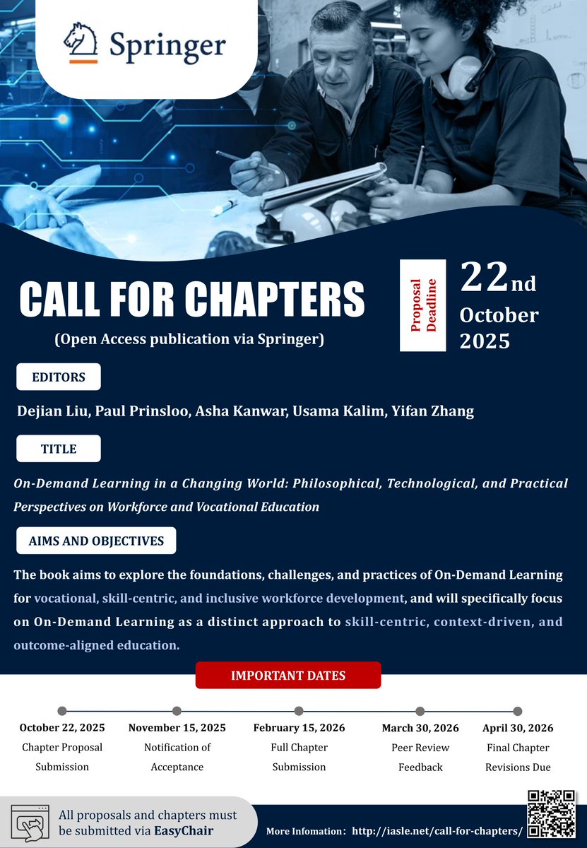 slibnu's tweet photo. 🎯 Call for Chapters: On-Demand Learning in a Changing World: Philosophical, Technological, and Practical Perspectives on Workforce and Vocational Education
📋 For comprehensive project details: https://t.co/C2HpUs6ddI
📧For inquiries, please contact: ukalim94@gmail.com https://t.co/2MP1gRXkd1
