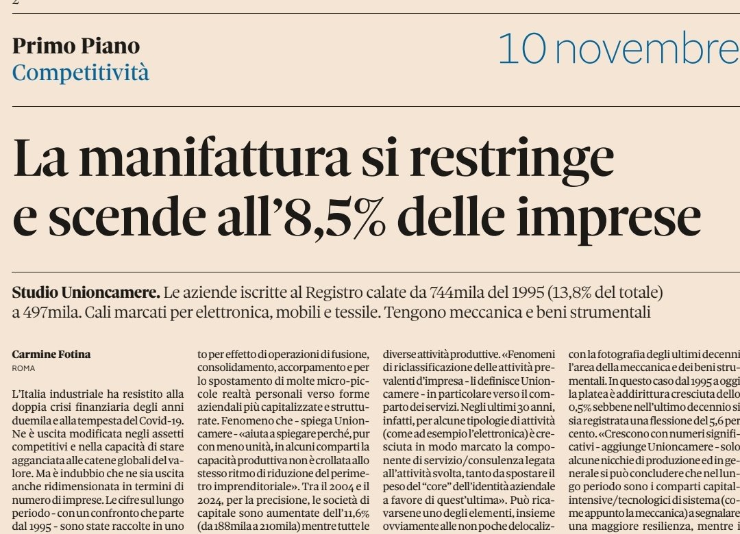 Gitro77's tweet image. Le magnifiche sorti e progressive del mortifero combinato globalizzazione-vincolo esterno (Unione Europea ed euro): rispetto al 1995 le imprese manifatturiere sono diminuite del 33% passando da 744mila (13,8% del totale) a 497mila (8,5% del totale). I crolli maggiori sono stati…