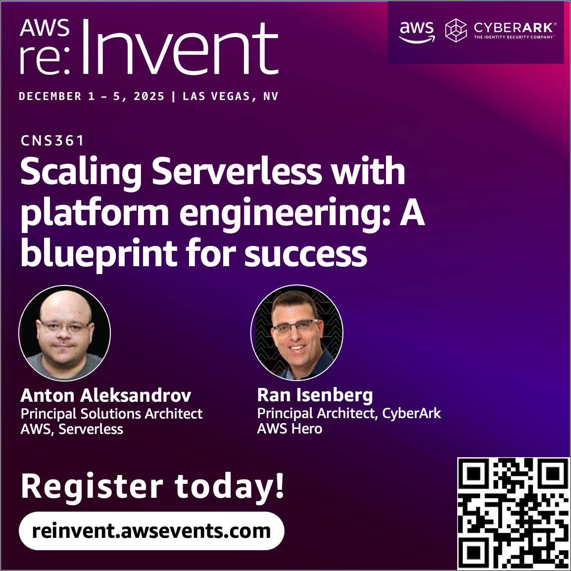 RanBuilder's tweet image. 🚀 Excited to speak at AWS re:Invent 2025 – CNS361, Wed 4:30PM! Thrilled to share the stage with Anton Aleksandrov. Sharing @CyberArk  platform engineering journey &amp;amp; lessons on scaling serverless. Don’t miss it! #AWSreInvent #Serverless #CNS361 #CyberArk