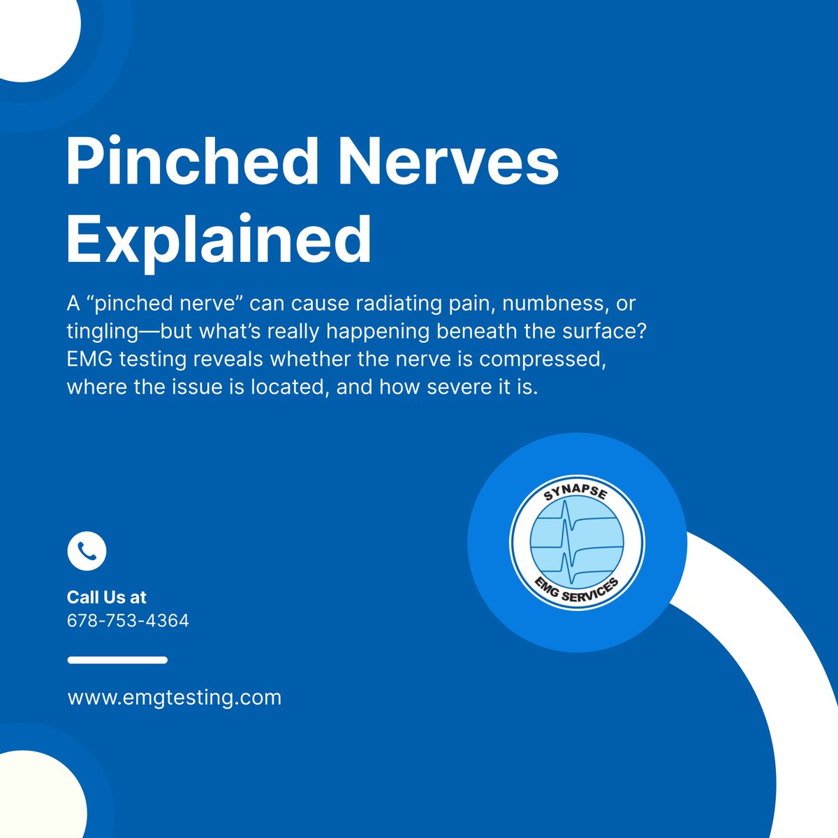 synapseemgsrvcs's tweet image. That tingling or radiating pain might be more than a minor irritation. A pinched nerve, if left unchecked, can lead to lasting nerve damage. 

#EMGTesting #SnellvilleGA #PinchedNerve #NervePain #AccurateDiagnosis