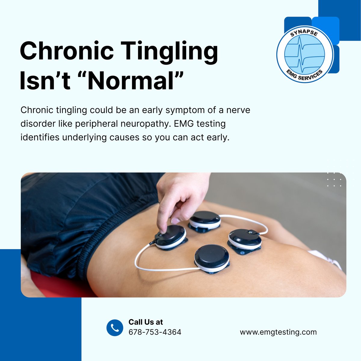 synapseemgsrvcs's tweet image. If your arms or legs tingle frequently, it’s not something to ignore. It could be a sign of nerve damage, polyneuropathy, or other disorders. Let’s find out what’s causing it—book today.

#EMGTesting #SnellvilleGA #TinglingRelief #PolyneuropathyCare #NerveTesting