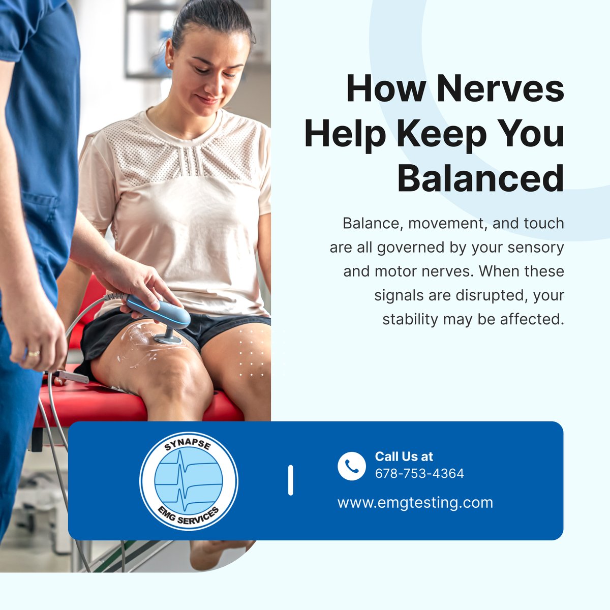 synapseemgsrvcs's tweet image. Nerve function plays a huge role in how your body keeps balance, senses touch, and responds to movement ⚖️ We test the integrity of those systems so you don’t miss a signal. Book today!

#EMGTesting #SnellvilleGA #BalanceIssues #SensoryHealth #NerveFunction