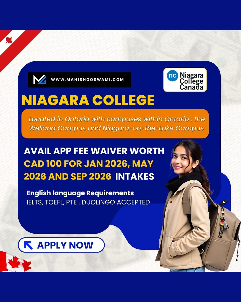 🍁 Niagara College Canada – 2026 Intakes OPEN! 🍁
📍 Located in Ontario with campuses at Welland &amp; Niagara-on-the-Lake

✨ Why Niagara College?
✅ Avail Application Fee Waiver worth CAD 100
✅ Multiple intakes – January 2026 | May 2026 | September 2026
✅ Globally recognized