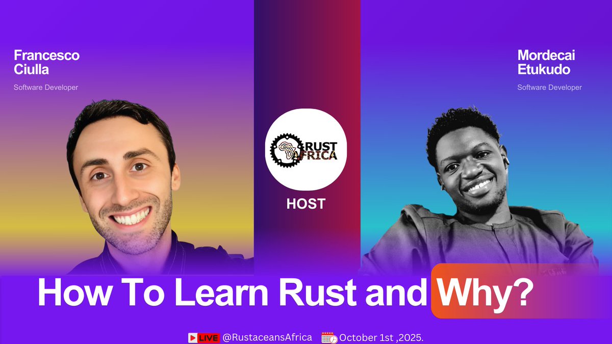 Something BIG is coming Oct 1st🦀
Rust is one of the fastest-growing languages today. But how do you learn it effectively, and why should you?
Join us as <a href="/FrancescoCiull4/">Francesco Ciulla</a>  and <a href="/mart_cpp/">mart.rs</a> discuss Rust Roadmaps and how to win in the game🚀

📅Date: October 1st
📍LIVE: All Platforms