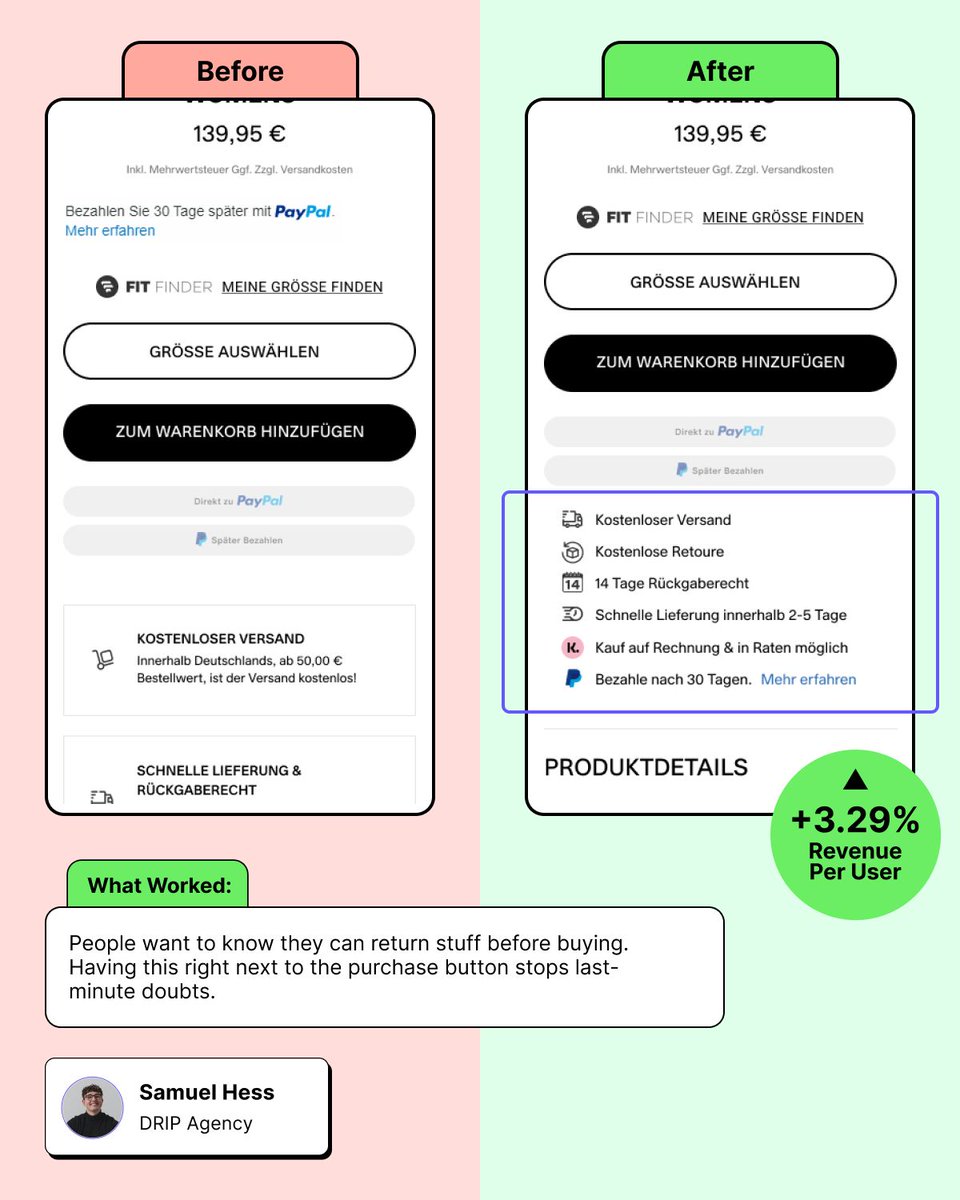 LessEgoMoreData's tweet image. Trust signals near the buy button generated €128K extra monthly.

Clear return policies kill purchase hesitation.

We changed up the USP section below the add-to-cart button.
Made shipping, returns, and guarantees way more obvious with icons and better text.

What we changed:
-…
