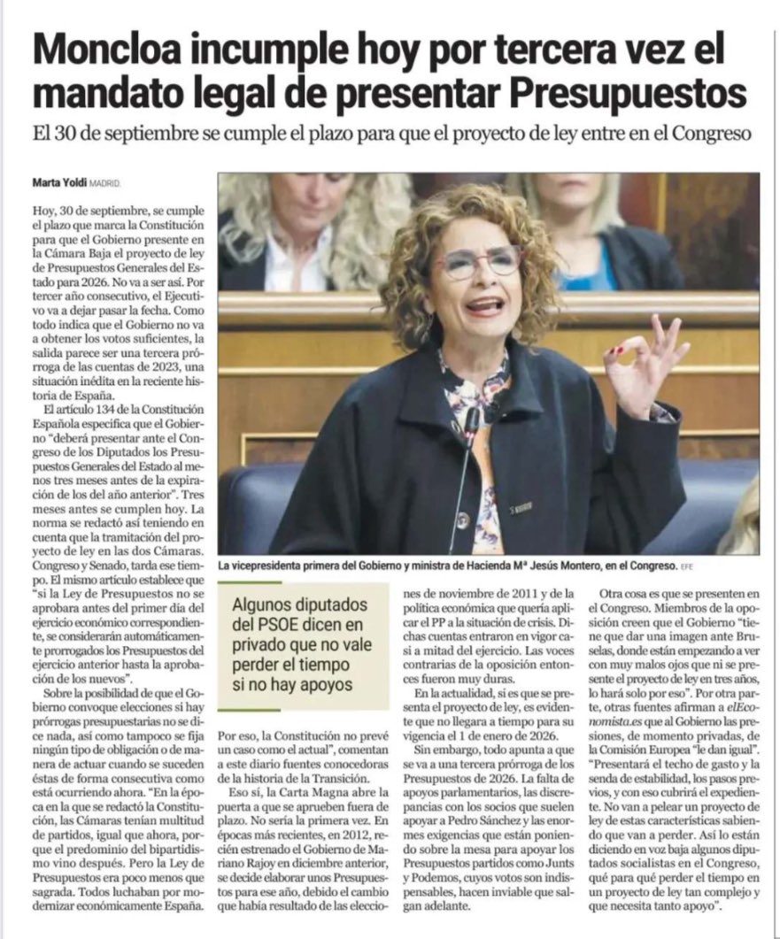 Hoy el Gobierno de Sánchez vuelve a incumplir la Constitución al no presentar los presupuestos (por tercera vez).