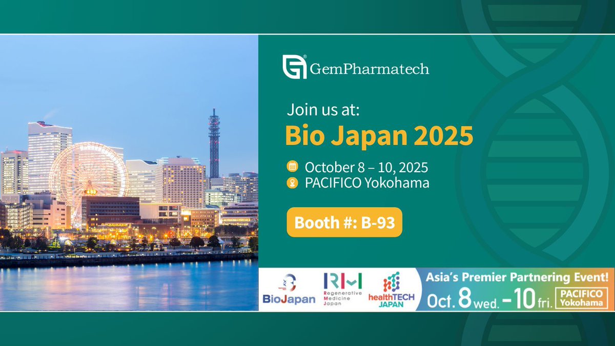 GemPharmatech is excited to announce our participation in Bio Japan 2025!  Log in to the Bio Japan Partnering System to schedule a meeting with us in advance! 

📅 Date: October 8 – 10, 2025 
📍 Venue: PACIFICO Yokohama 
🪑 Booth #: 𝗕-𝟵𝟯  

#BioJapan2025 #BioJapan