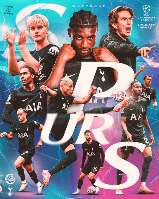 Multiple Tottenham Hotspur soccer players in black jerseys with AIA logos, including Dejan Kulusevski, Pierre-Emile Højbjerg, and Son Heung-min, in various action poses. The players are depicted kicking balls, running, and gesturing energetically. Large text reads "SPURS" in white, with additional text stating "MATCHDAY," "Bodø/Glimt," "Champions League," and "8pm BST."