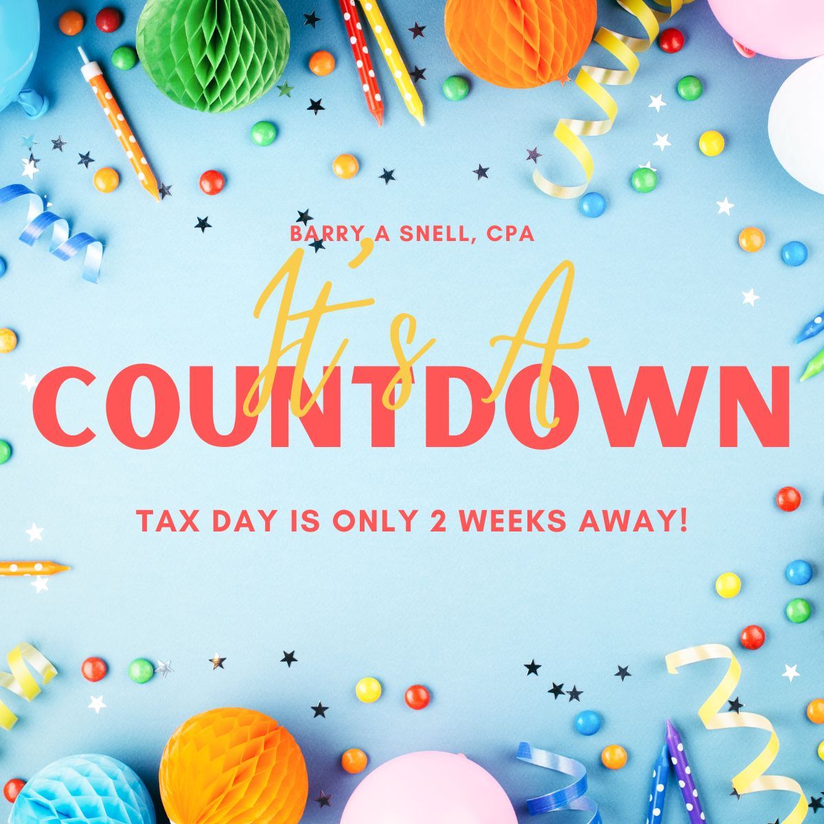 April 15th is approaching fast, and that means Tax Day is almost here! As we count down the days, it's a great time to get organized and ensure you're ready to file. 

**TWO WEEKS TO GO!** 

The countdown is on, so make sure you're prepared. 

Happy filing! 🥳