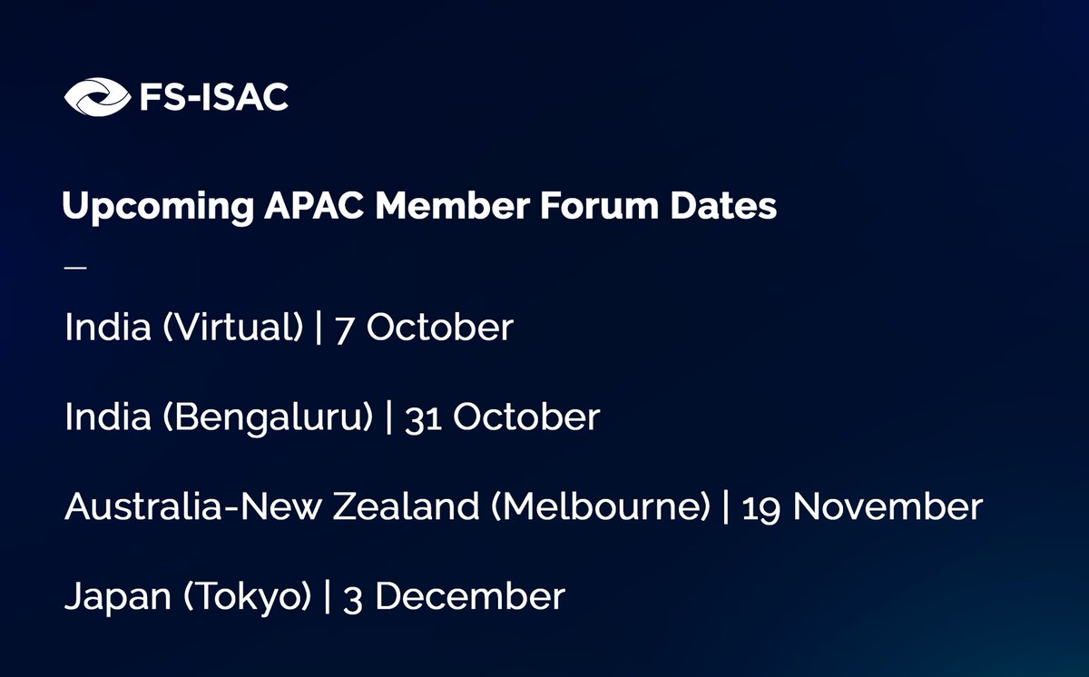 FSISAC's tweet image. There are few chances left in 2025 to connect with FS-ISAC peers in APAC – so we added one more! Join us on 31 October at the Member Forum in Bengaluru to connect with colleagues, learn from experts, and help fortify our APAC ecosystem.
Register today: hubs.ly/Q03LpY8d0