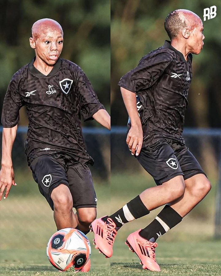 Bernardo Lopes running on a grassy field, wearing a black Botafogo academy jersey with a star logo and pink Adidas cleats. He is dribbling a soccer ball, captured in two dynamic poses showing movement. The jersey has "RB" watermarks.