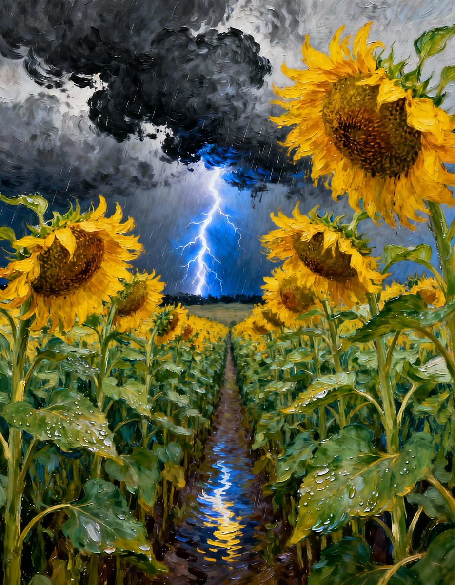 PromptSin's tweet image. Stormy skies over a vibrant sunflower field—nature’s drama unfolds! 🌩️🌻 Fight for sunshine! #NaturePower #SunflowerVibes