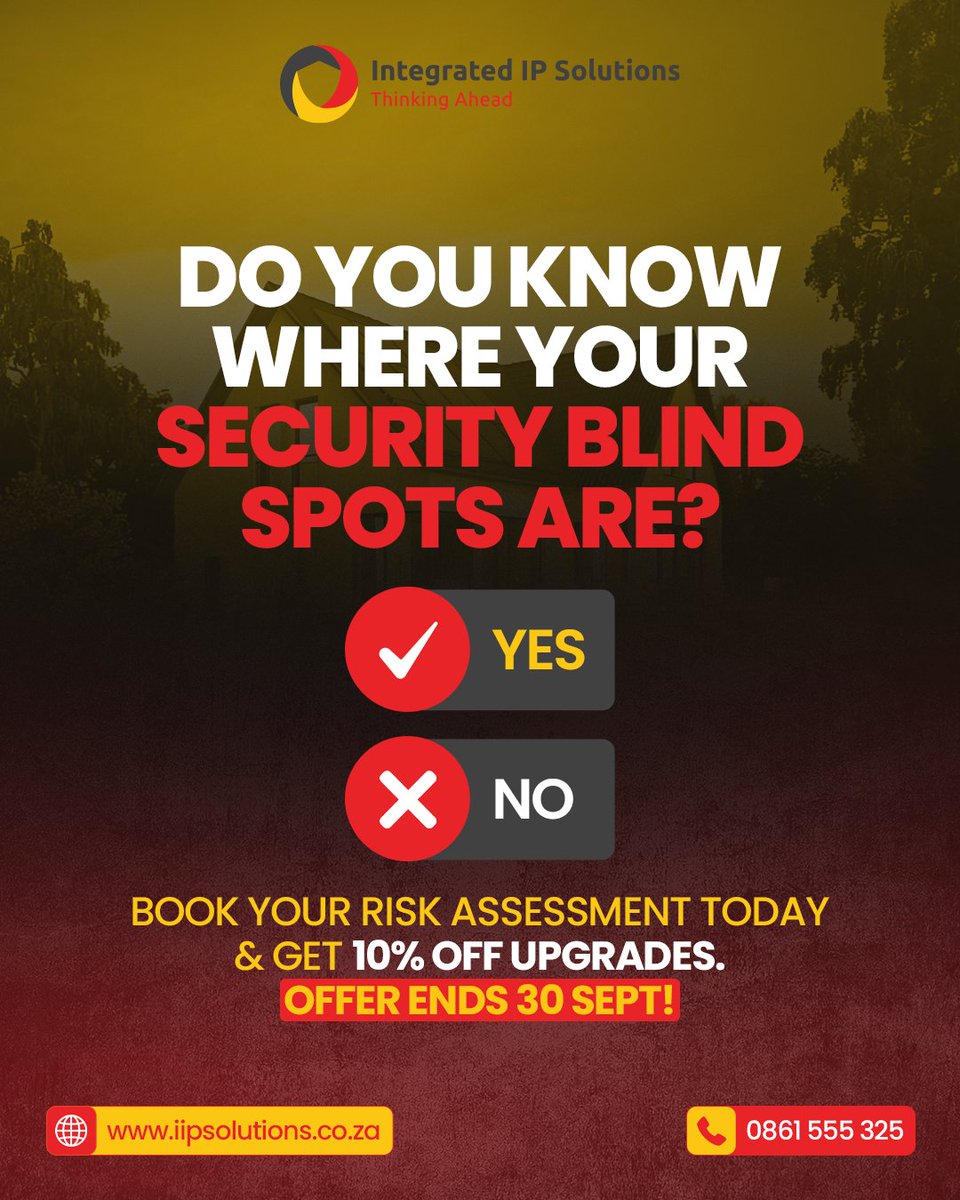Know your security blind spots? 🤔 A system with alarms, CCTV, and access control is essential! Book your risk assessment now for 10% off upgrades by Sept 30! ⏳ Protect what matters most. 📞 086 155 5325 | 📩 sales@iipsolutions.co.za | 🌐 iipsolutions.co.za
