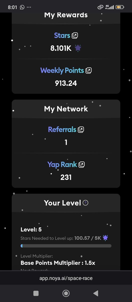Guys go check your <a href="/NetworkNoya/">NOYA.ai</a> dashboard, the weekly Stars have been distributed.

I have entered level 5

Gnoya fam